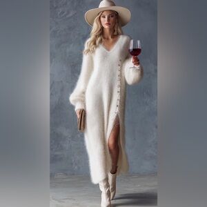 White/Ivory Soft Knit Button-Slit Maxi Sweater Dress